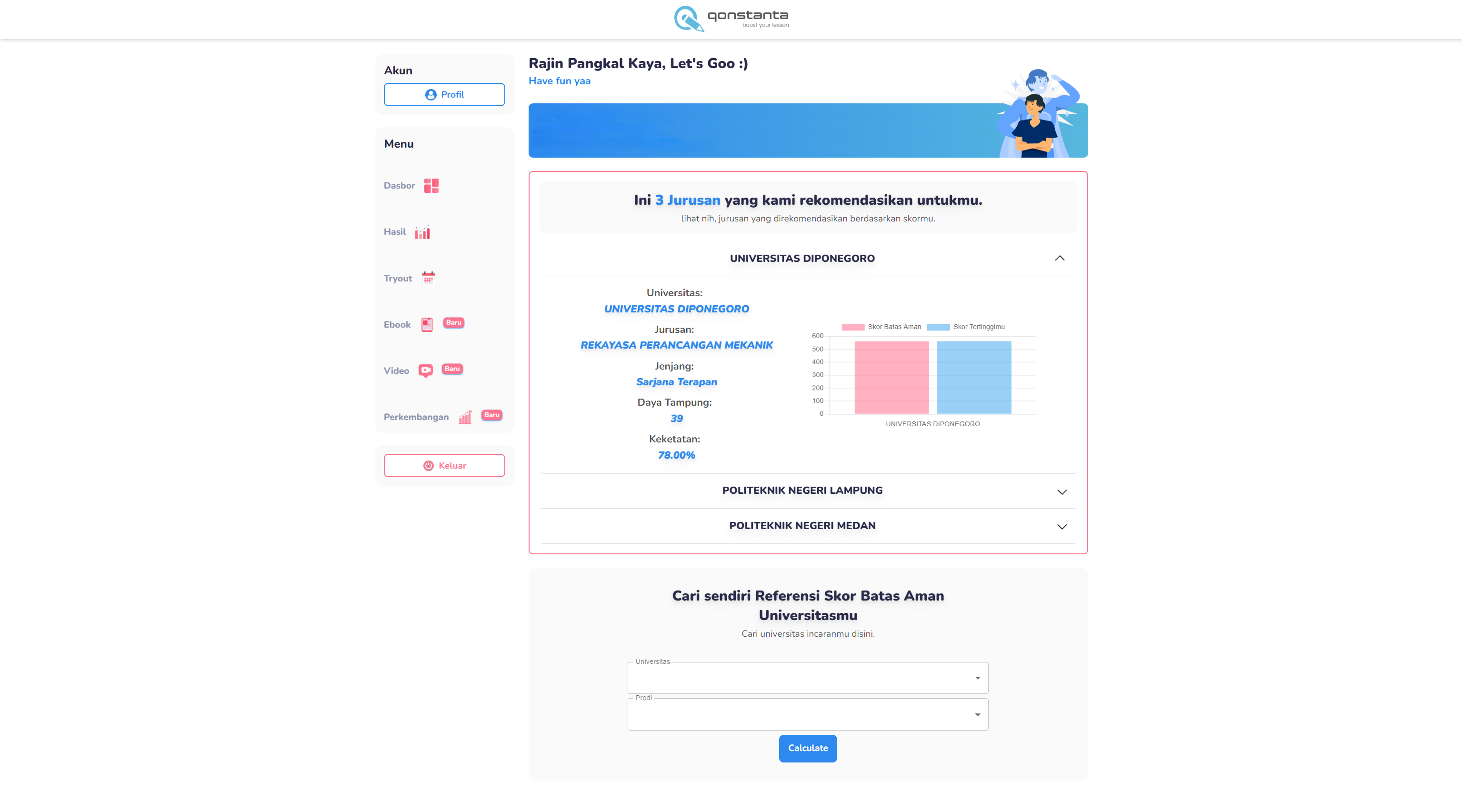 Dashboard siswa LMS Qonstanta